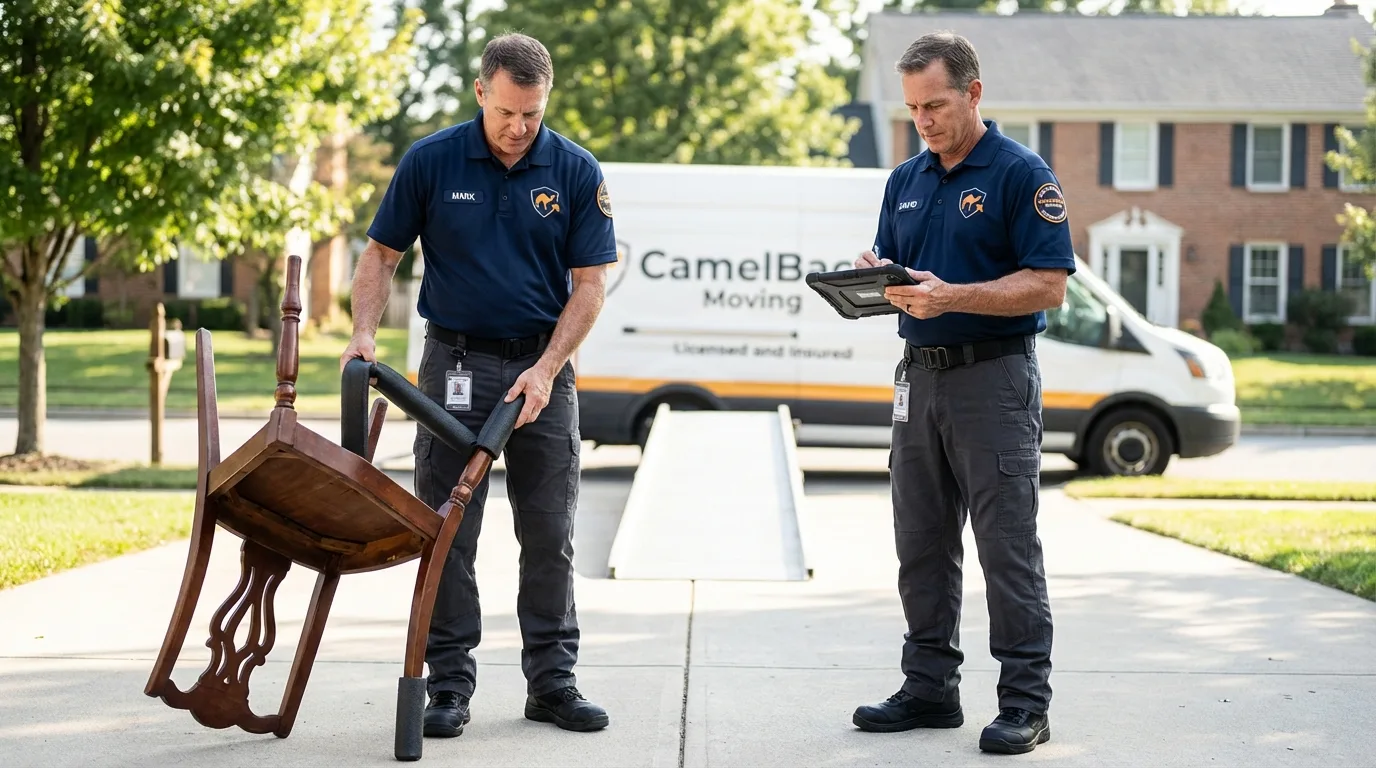 Movers inspecting furniture for damage prevention before loading in North Miami Beach, FL