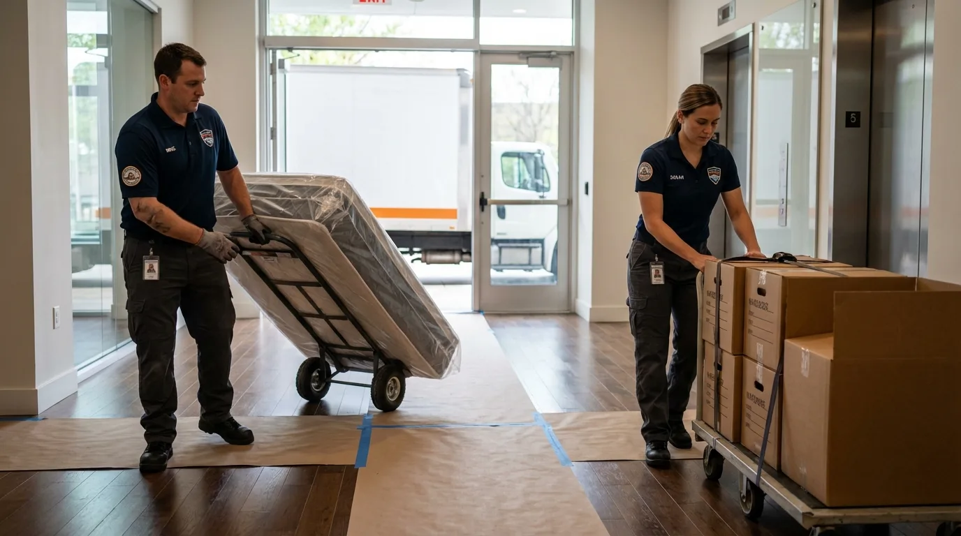 Professional apartment movers loading elevator in North Miami Beach, FL